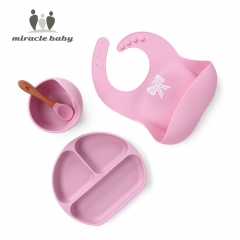 Ensemble d'alimentation en silicone pour bébé avec bol de formation d'aspiration, cuillère, assiette, bavoir pour bébé, enfants, alimentation des tout