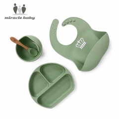 Ensemble d'alimentation en silicone pour bébé avec bol de formation d'aspiration, cuillère, assiette, bavoir pour bébé, enfants, alimentation des tout