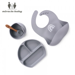 Ensemble d'alimentation en silicone pour bébé avec bol de formation d'aspiration, cuillère, assiette, bavoir pour bébé, enfants, alimentation des tout
